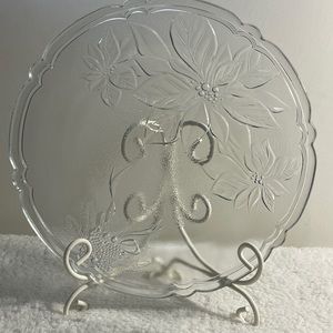 Holiday Poinsettia Embossed Clear Thick Round Glass Serving Plate.